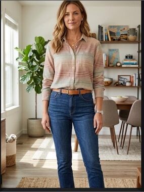 Toad&Co Women's Striped Button Down Shirt - Pink and Green